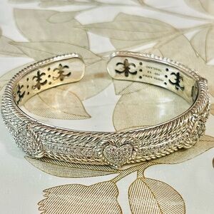 Judith Ripka Sterling Silver Heart CZ Cubic Zirconia Bangle Bracelet Sz 6.75-7”